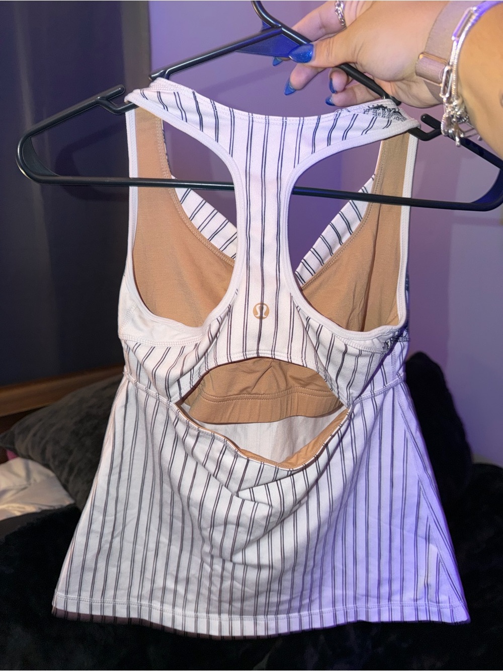 Vintage Lululemon athletica White Pinstripe Tank with Built-In Tan Liner